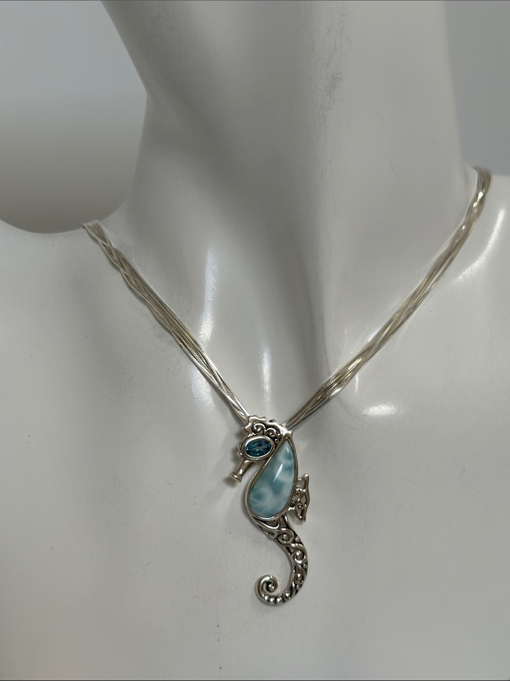 Sterling Silver Blue Larimar Seahorse Pendant Necklace - Blue
